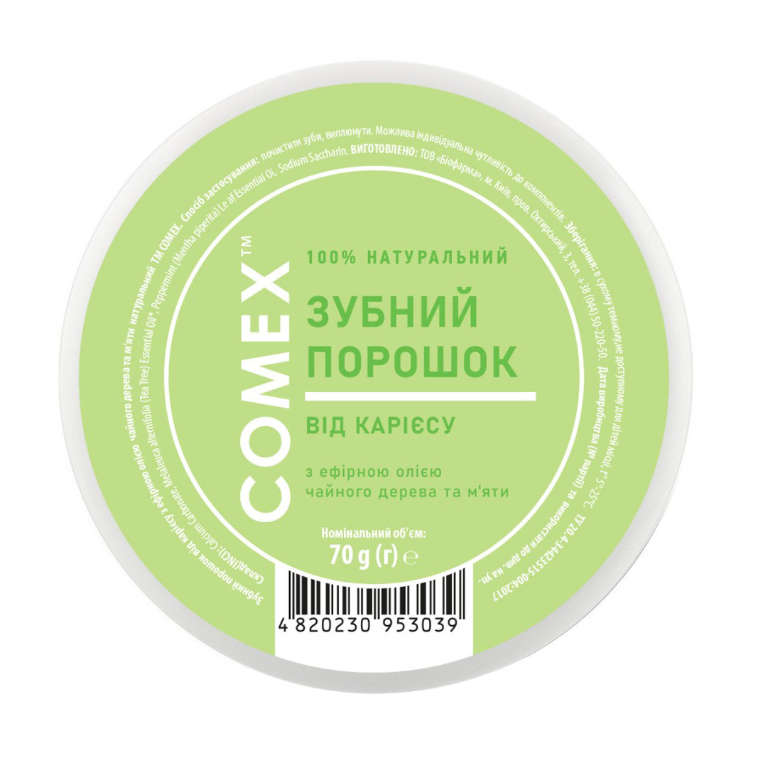 Натуральний зубний порошок Comex проти карієсу, з ефірними оліями чайного дерева та м'яти, 70 г